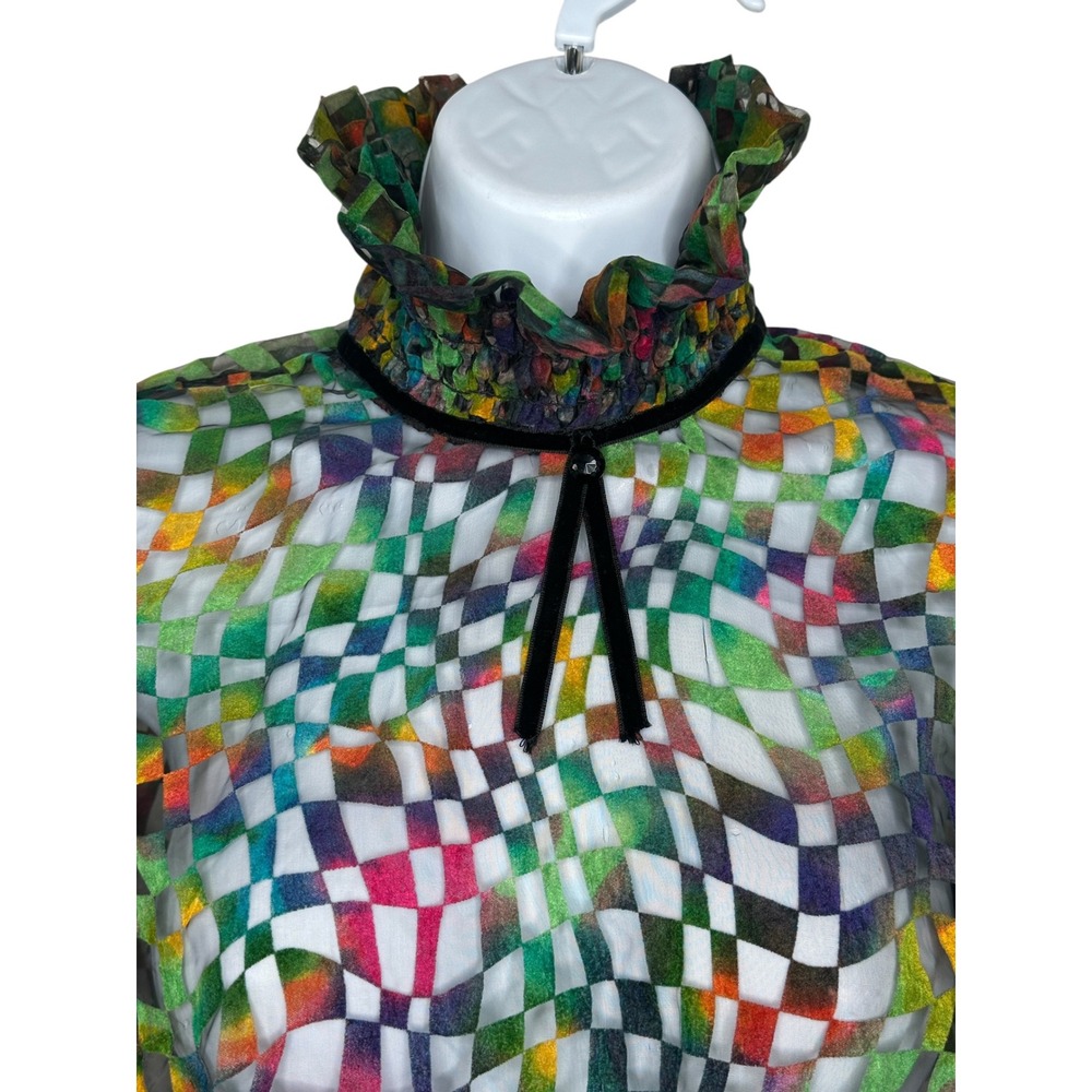 Vintage Sheer Warped Checkerboard Mock Neck Blouse Burnout Funky Retro Top 9 - Picture 3 of 10